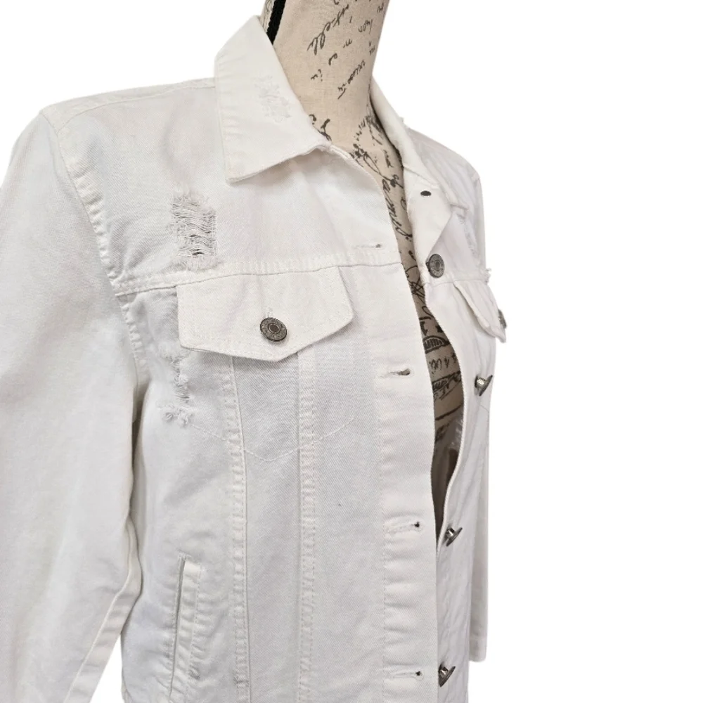 Love Tree Distressed White Denim Jean Jacket L - Picture 4 of 8